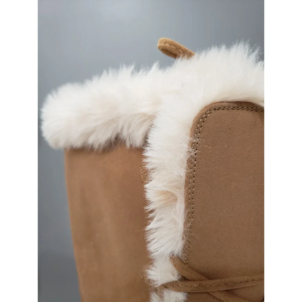SIZE 8 DEMONIA CUBBY 311 Camel Platform Lace Up Fur Trim Mid Calf Boots RAVE